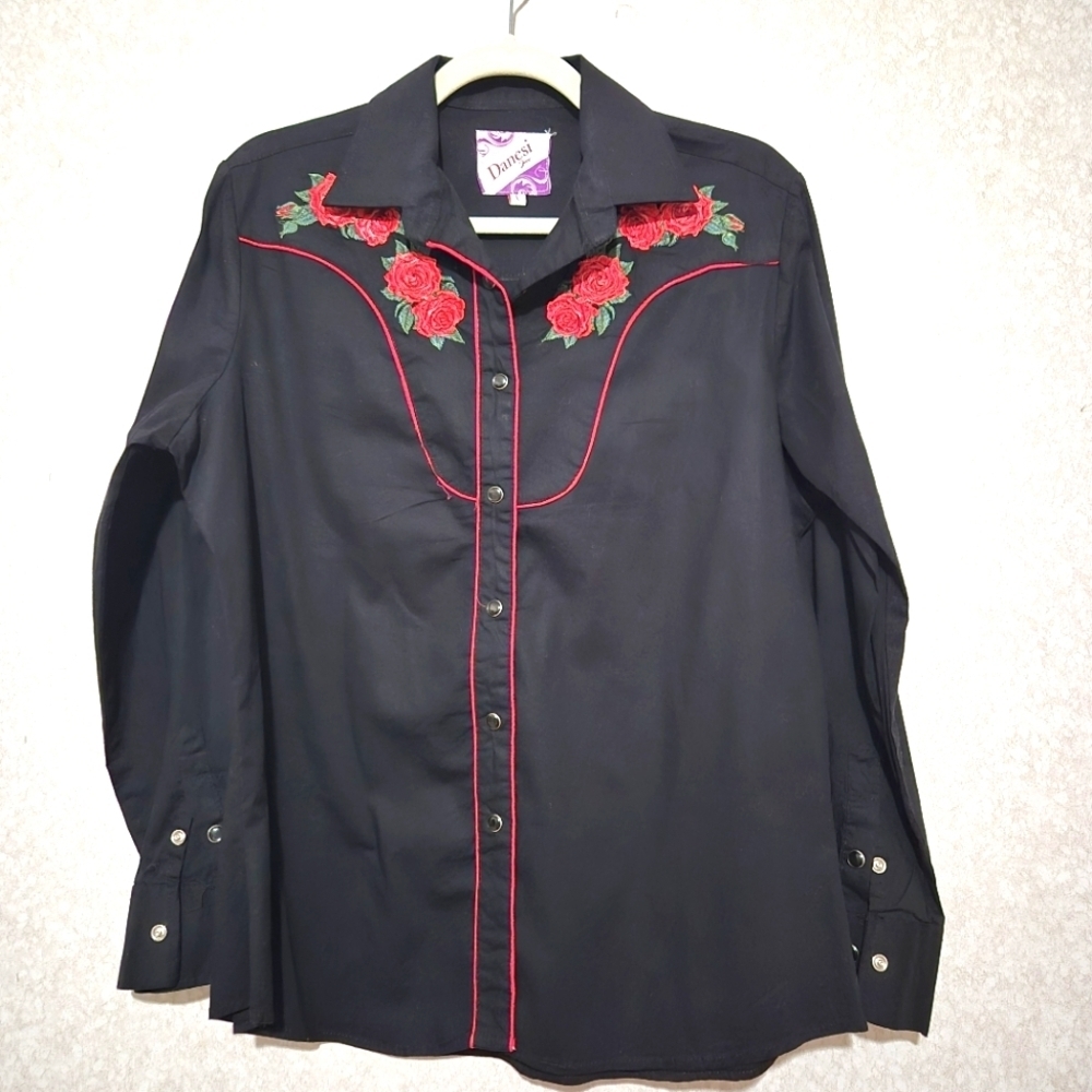 Daisy Black Western Button-Down Shirt with Red Rose Embroidery